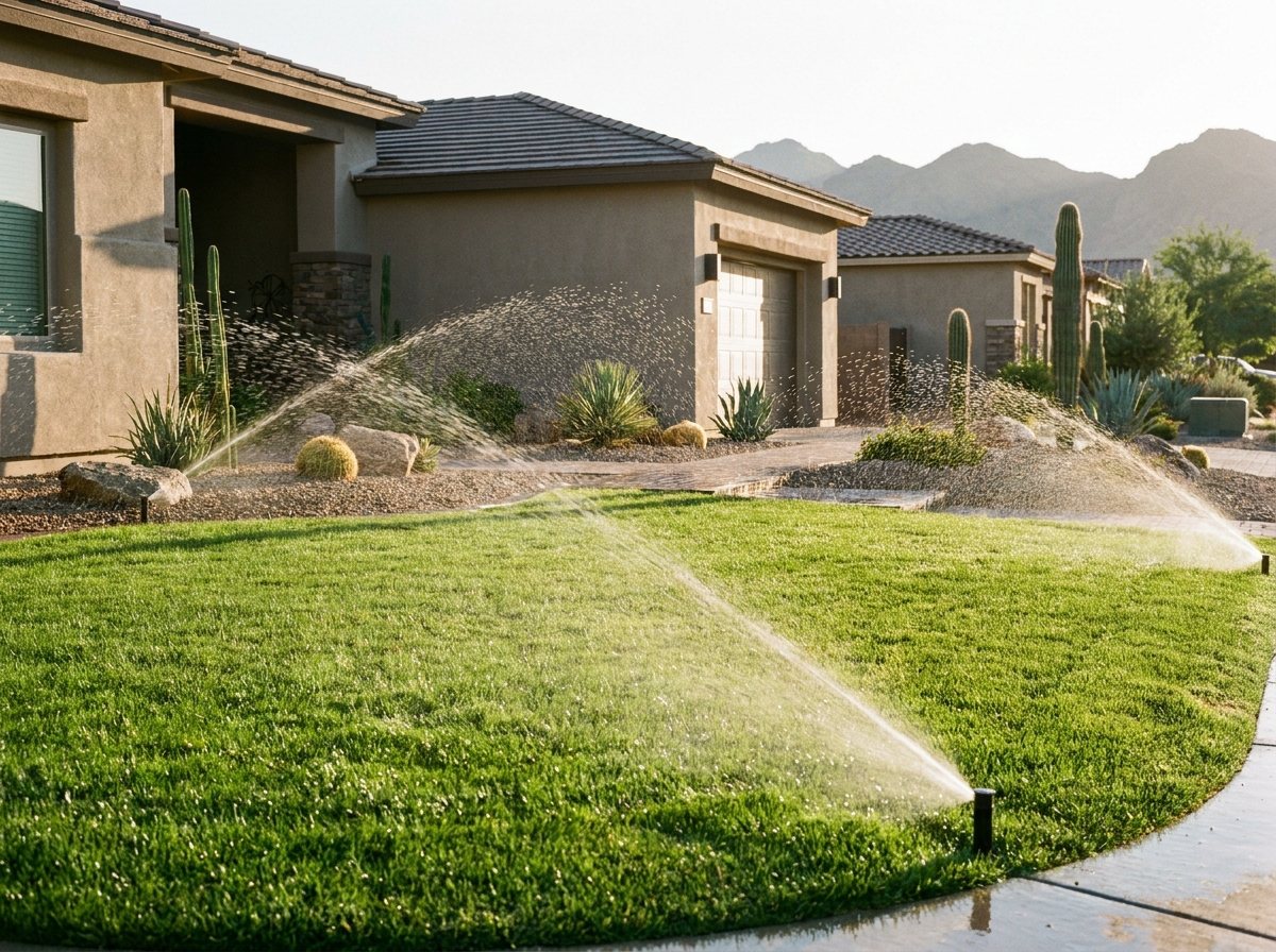 Sprinklers watering a healthy green lawn in the East Valley